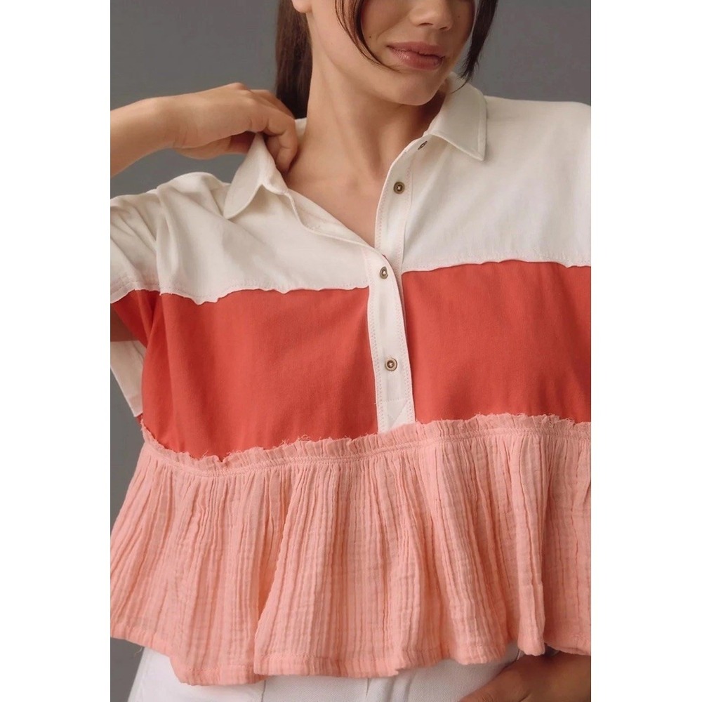 PILCRO Pink & White Cotton Colorblock Rugby Top L Preppy